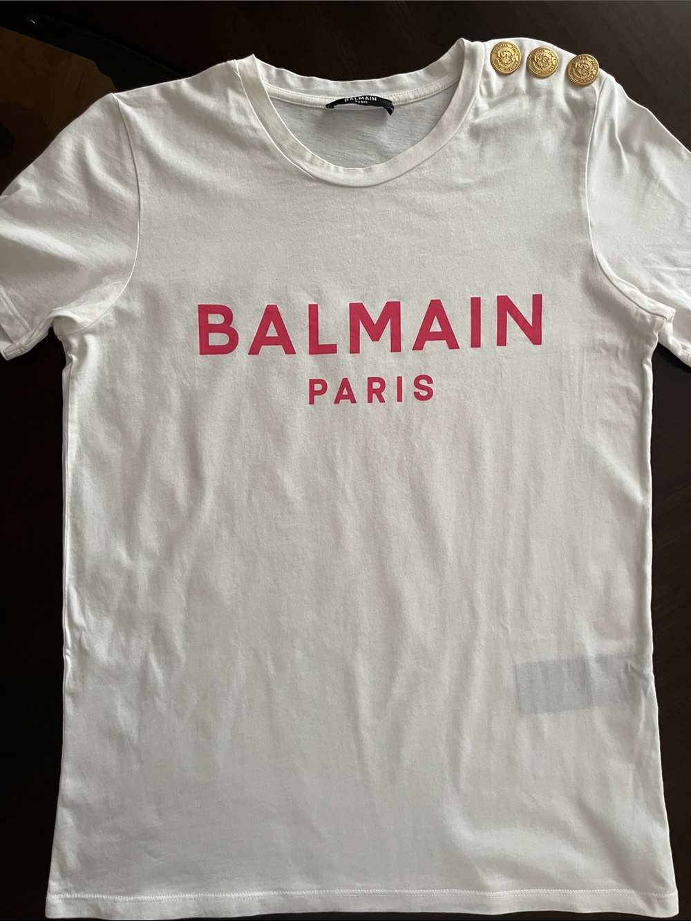 Balmain White Tee with Pink Logo and Gold Buttons - Picture 4 of 7